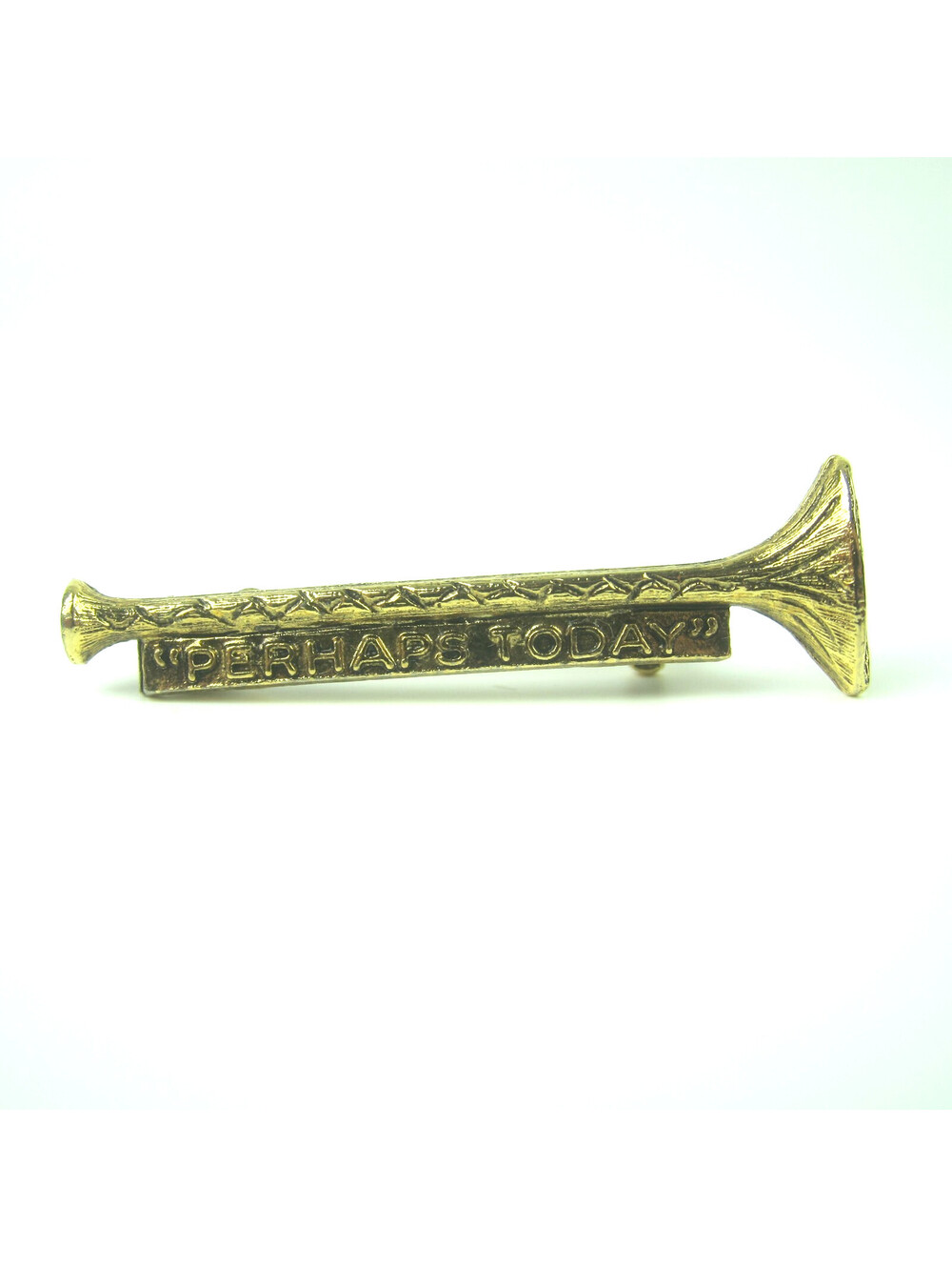 Vintage Trumpet Gold tone Pin Brooch 1.5" Perhaps Today Christian Religion Motto